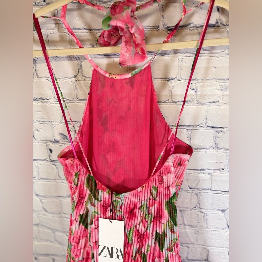 NWT Zara Pink Floral Print Cottagecore Boho Wedding Party Midi Halter Dress XS - Picture 9 of 15